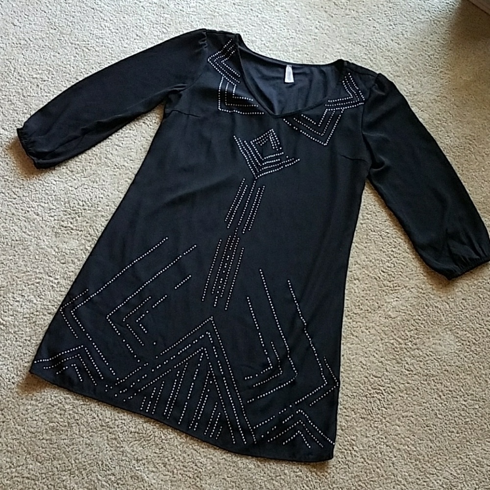 Black dress with silver and rose gold accents